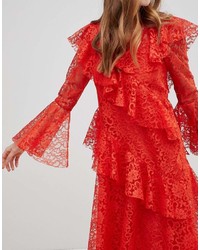 Asos Lace Midi Dress With Ruffles And Fluted Sleeves