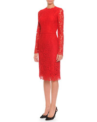 Dolce & Gabbana Long Sleeve Jewel Neck Lace Dress Red