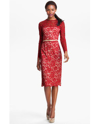 Maggy London Embroidered Lace Overlay Midi Dress Red 8