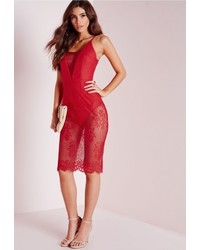 Missguided Fringed Plunge Lace Midi Dress Red