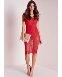 Missguided Fringed Plunge Lace Midi Dress Red