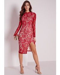 Missguided Lace High Neck Midi Dress Red