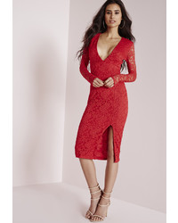 Missguided Lace Long Sleeve Side Split Midi Dress Red