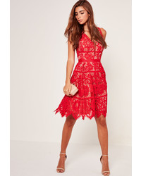 Missguided Midi Lace Skater Dress Red