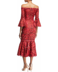 Marchesa Notte Off Shoulder Lace Bell Sleeve Midi Cocktail Dress