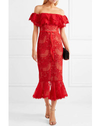 Marchesa Notte Off The Shoulder Ruffled Corded Lace Midi Dress Red
