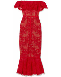 Marchesa Notte Off The Shoulder Ruffled Corded Lace Midi Dress Red