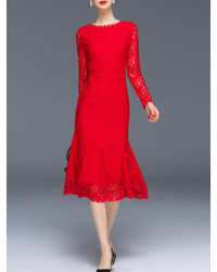 Red Backless Frill Lace Midi Dress