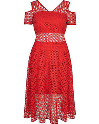 River Island Red Lace Cold Shoulder Midi Prom Dress