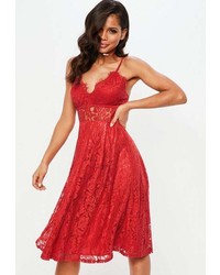 Missguided Red Lace Strappy Midi Skater Dress