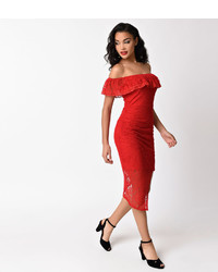 Unique Vintage Retro Style Red Lace Off Shoulder Ruffle Wiggle Dress