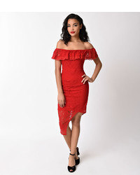 Unique Vintage Retro Style Red Lace Off Shoulder Ruffle Wiggle Dress