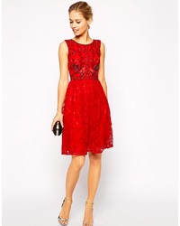 Frock And Frill Sleeveless Lace Skater Dress With Embellisht