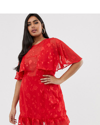 Lasula Plus Plunge Cape Mini Dress With Frill Hem In Red Lace Overlay
