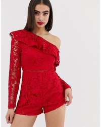 Missguided Lace Playsuit With One Shoulder In Red