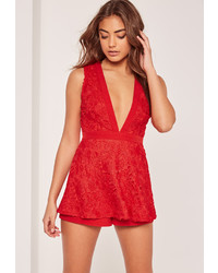 Missguided Lace Sleeveless Peplum Playsuit Red