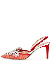 Rene Caovilla Crystal Lace 75mm Slingback Pump Red