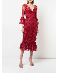Marchesa Notte 34 Sleeve Embroidered Midi Dress