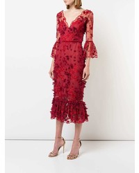 Marchesa Notte 34 Sleeve Embroidered Midi Dress