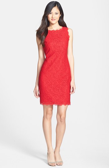 Adrianna Papell Boatneck Lace Sheath Dress Red 14p 148