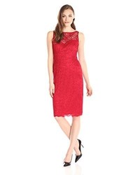 Women's Red Lace Sheath Dress, Silver Leather Heeled Sandals | Lookastic