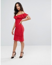 Little Mistress Lace Pencil Dress With Frill Overlay