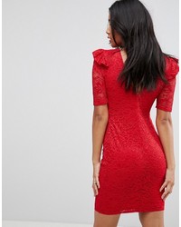 Asos Lace V Back Bodycon Mini Dress With Shoulder Ruffle