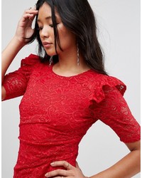 Asos Lace V Back Bodycon Mini Dress With Shoulder Ruffle