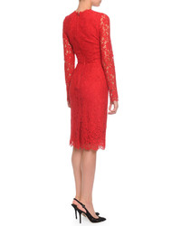Dolce & Gabbana Long Sleeve Jewel Neck Lace Dress Red