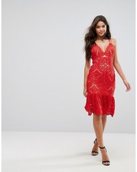 Love Triangle Allover Lace Pencil Dress With Fluted Hem Detail