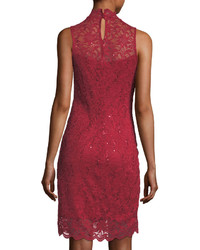Neiman Marcus Mock Neck Lace Cocktail Sheath Dress Red