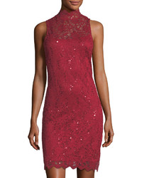 Neiman Marcus Mock Neck Lace Cocktail Sheath Dress Red