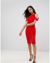 Naanaa Lace Bodycon Midi Dress With Cold Shoulder And Cut Out Detail