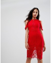 Naanaa Lace Bodycon Midi Dress With Cold Shoulder And Cut Out Detail