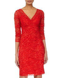 Marina Tiered Lace 34 Sleeve Cocktail Dress Red