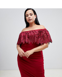 Paper Dolls Plus Lace Overlay Bardot Pencil Dress In Red
