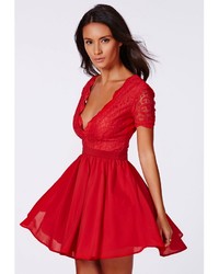 Missguided Aleena Eyelash Lace Plunge Neck Puffball Mini Dress In Red