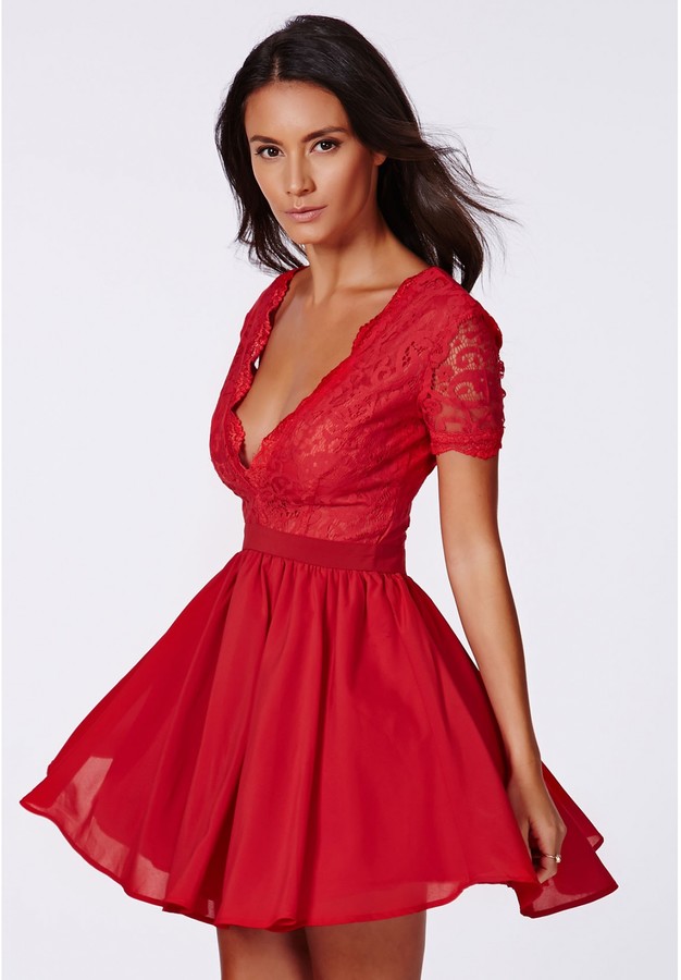 Missguided High Neck Double Layer Lace Dress in Red