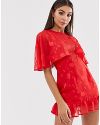 Lasula Plunge Cape Mini Dress With Frill Hem In Red Lace Overlay