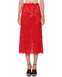 Valentino Guipure Lace A Line Midi Skirt Red