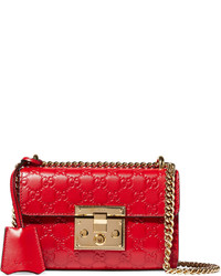 Gucci Padlock Embossed Leather Shoulder Bag Red