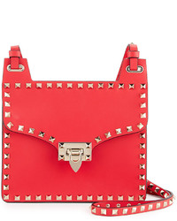 Valentino Rockstud Leather Lock Flap Square Shoulder Bag Bright Red