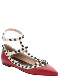 RED Valentino Valentino Red And Ivory Leather Rockstud T Strap Ballerina Flats