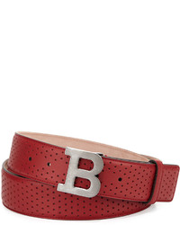 Bally Perforated B Buckle Belt Red