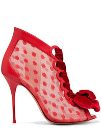 Sophia Webster Mitsy Velvet Trimmed Polka Dot Tulle And Leather Boots Red