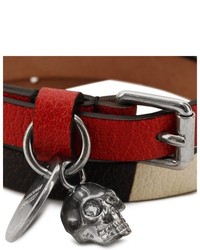 Alexander McQueen Red Abstract Print Leather Double Wrap Skull Bracelet