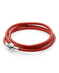 Pandora Bracelet Red Leather Triple Wrap Energy With Sterling Silver Clasp
