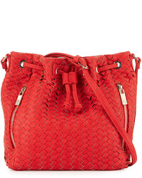 Neiman Marcus Woven Faux Leather Bucket Bag Poppy