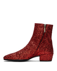 Saint Laurent Red Glitter Caleb Zippered Boots