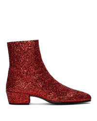 Saint Laurent Red Glitter Caleb Zippered Boots